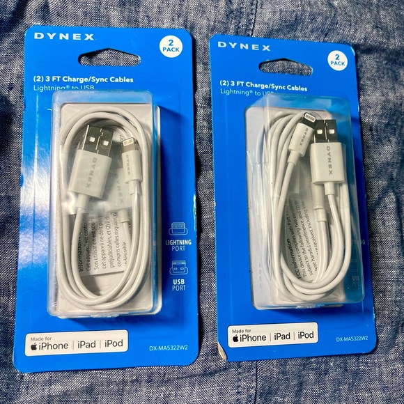 Lot of 2 twin packs: four Dynex Lightning Cables - USB-A, 3 ft, white - Picture 1 of 4
